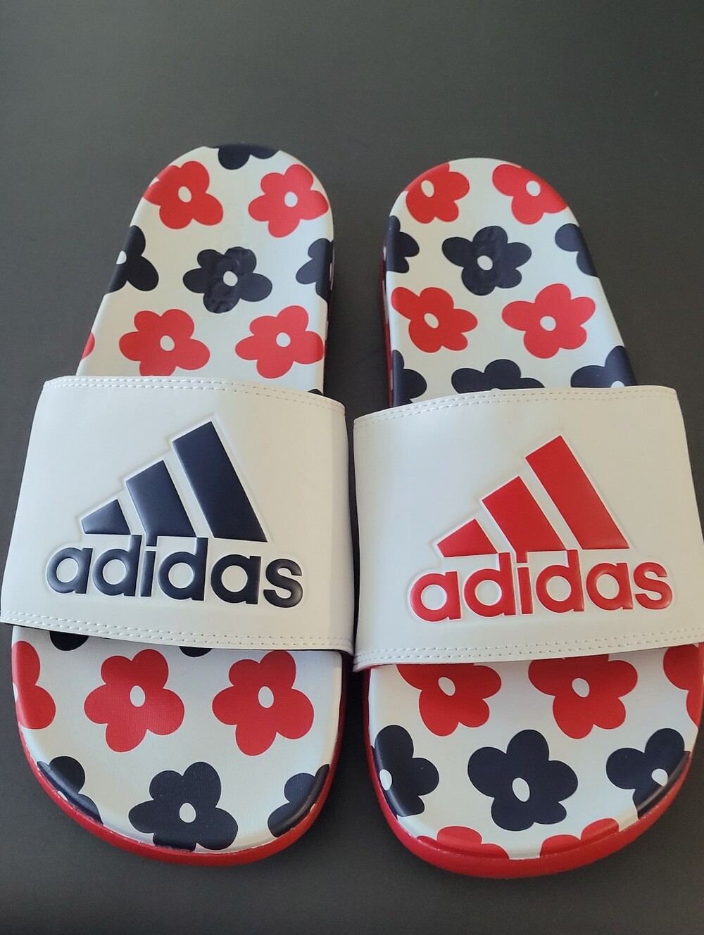 Womens Adidas Adilette Comfort Slides White with Red & Navy Accents NWOB Size 9